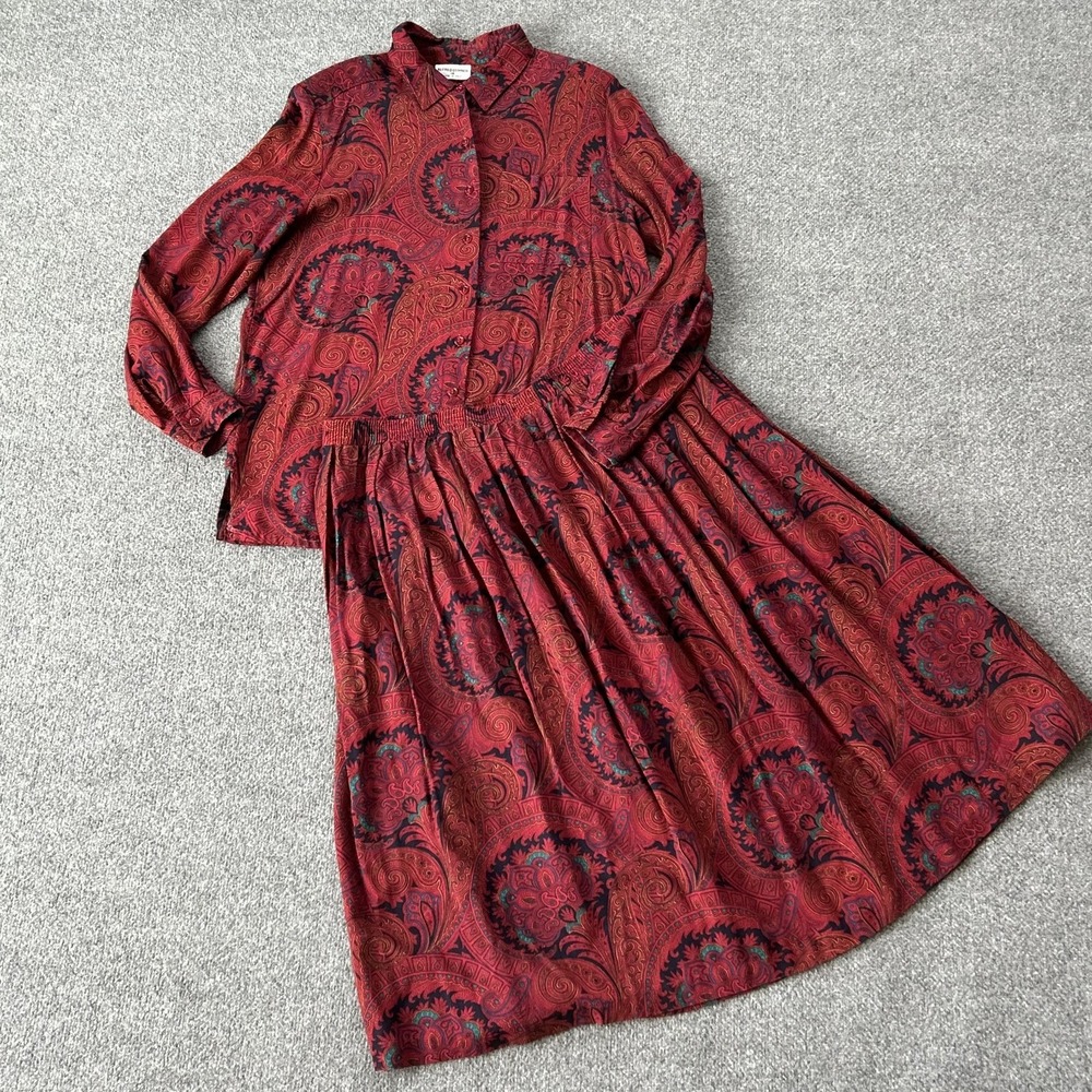 Vintage Alfred Dunner Set Women 16 Red Paisley Blouse Skirt Elastic Waist USA 90